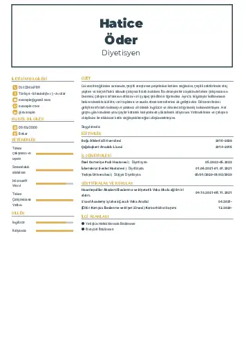 Beslenme Uzmanı Diyetisyen CV Örnekleri cv indir